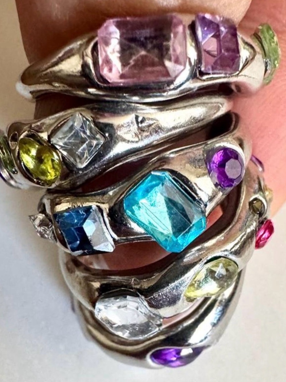 5pc Chunky Silver Multicolor Gemstone Stacking Ring Set